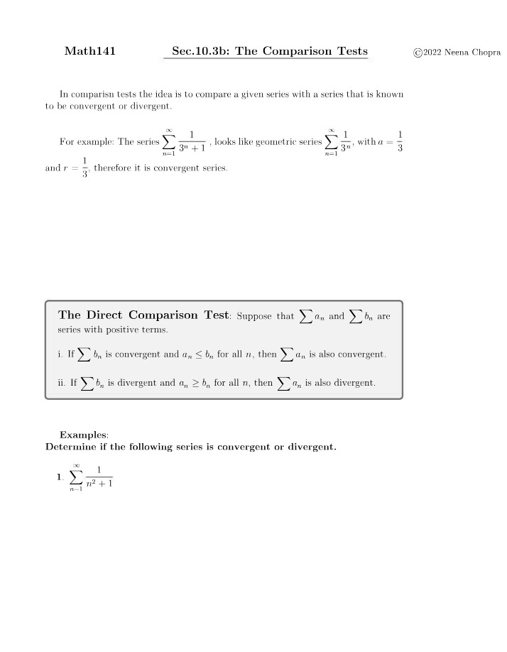Math 141 Section 10.3b - The Comparison Tests