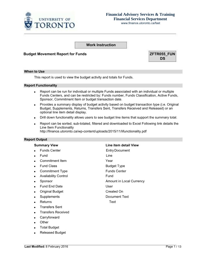 Budget Movement Report for Funds
