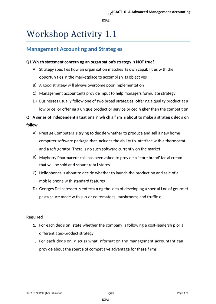Workshop Activity 1.1 for ACACT303A