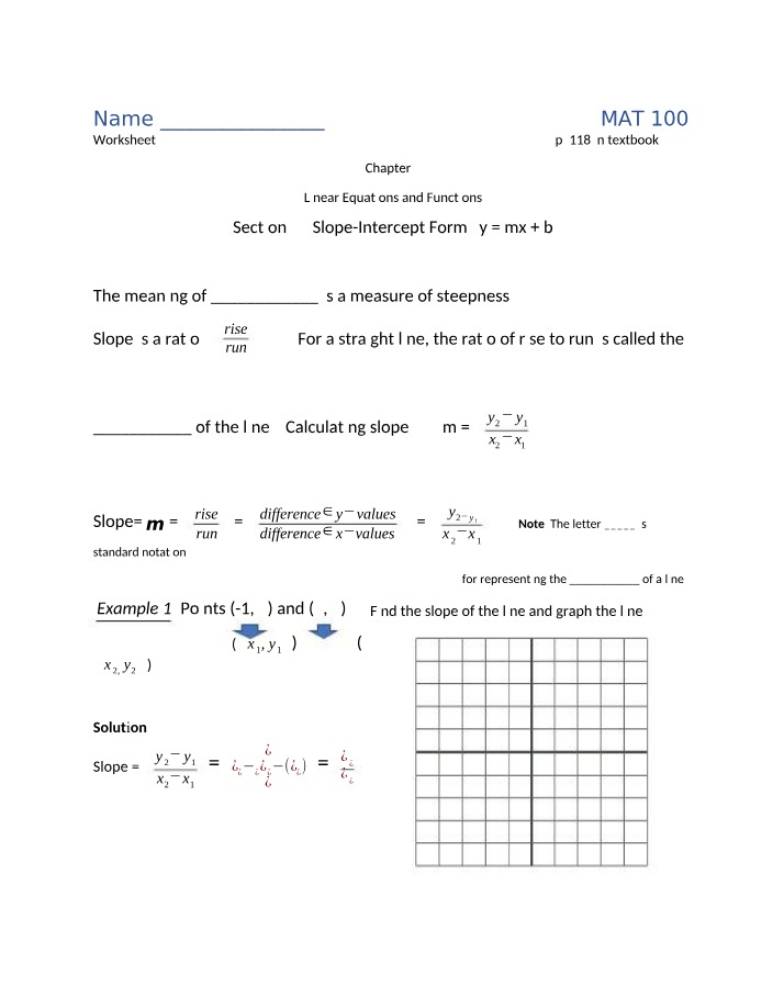 Linear Equations and Functions - Slope and Rise