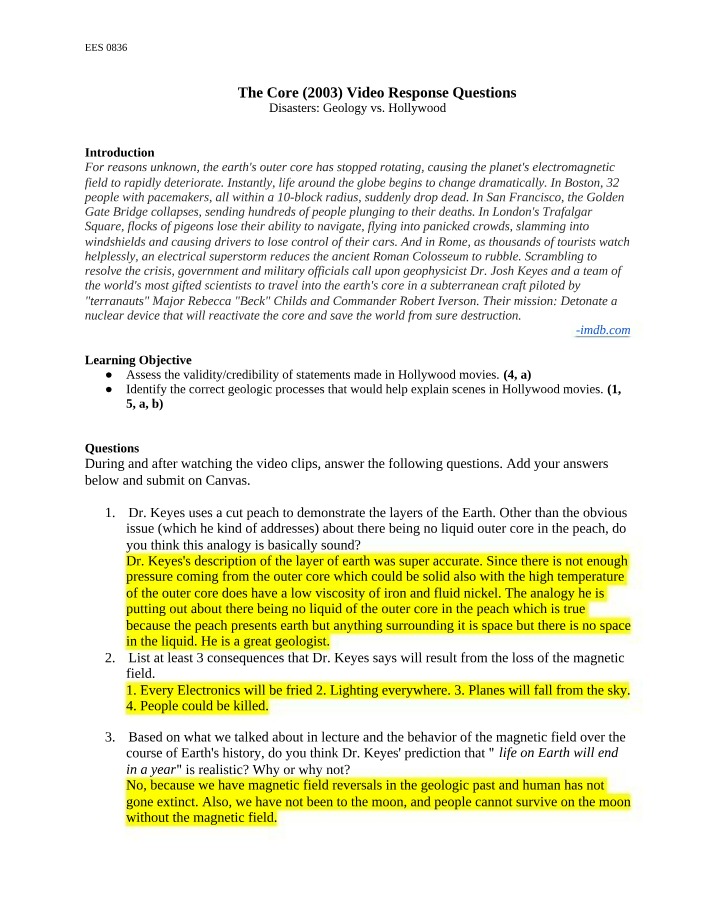Video Response Questions for The Core (2003)