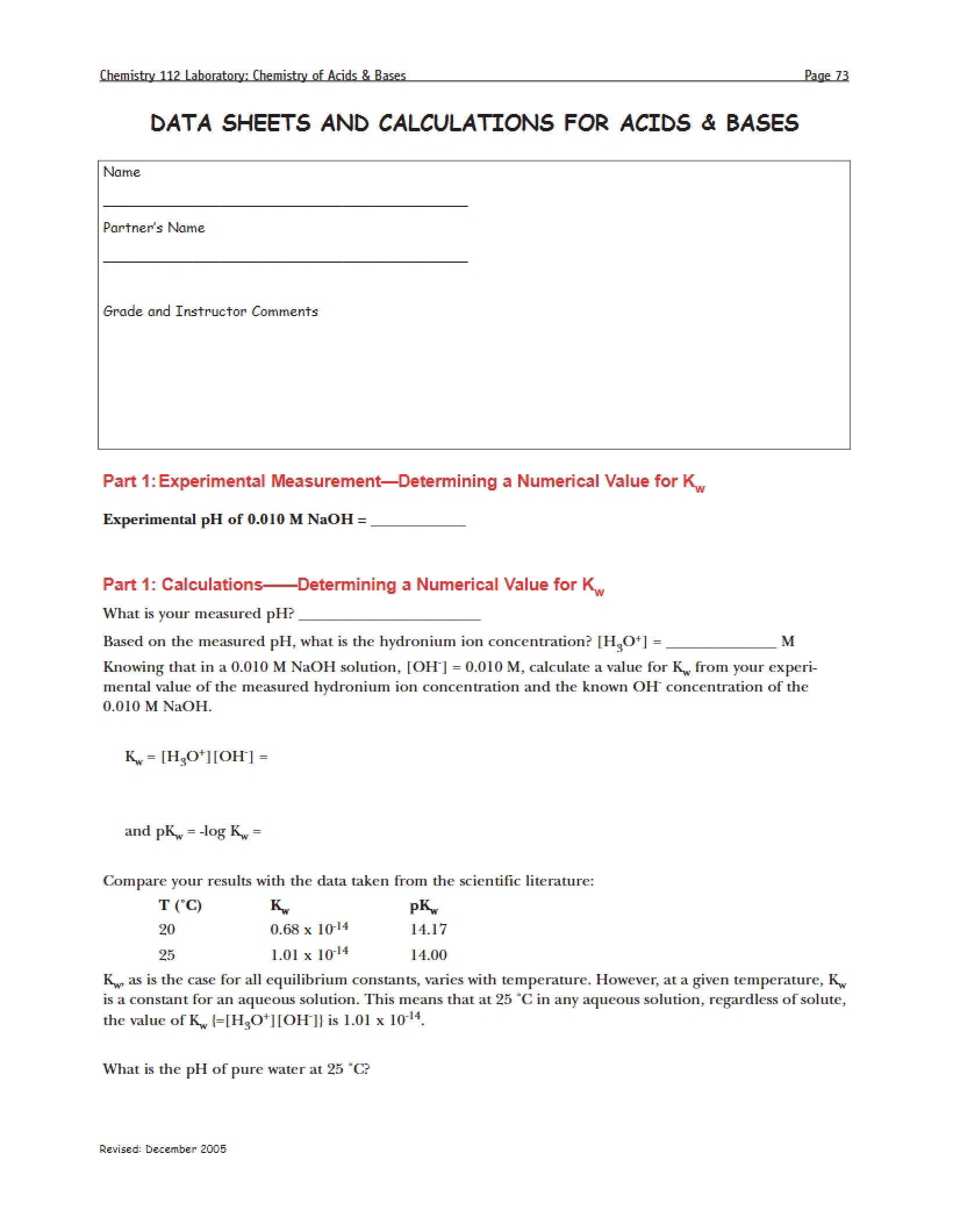 Acids and Bases Data Sheets and Calculations