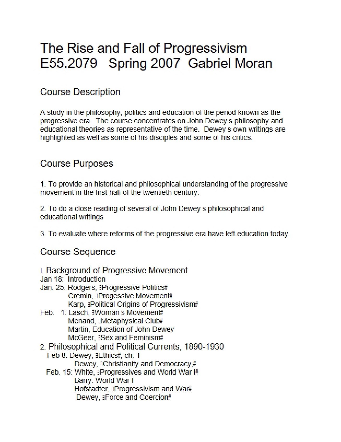 Rise and Fall of Progressivism Course Plan