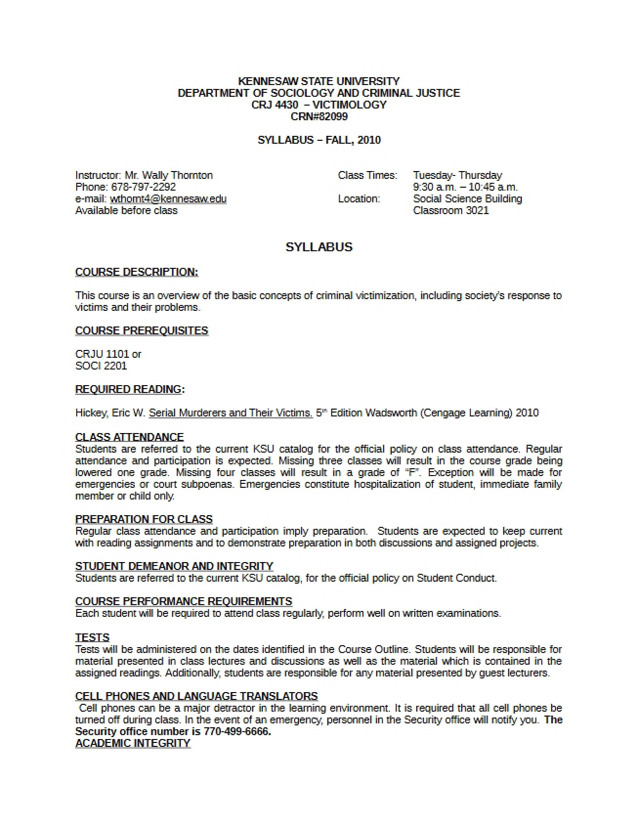 Syllabus for a Course on Victimology