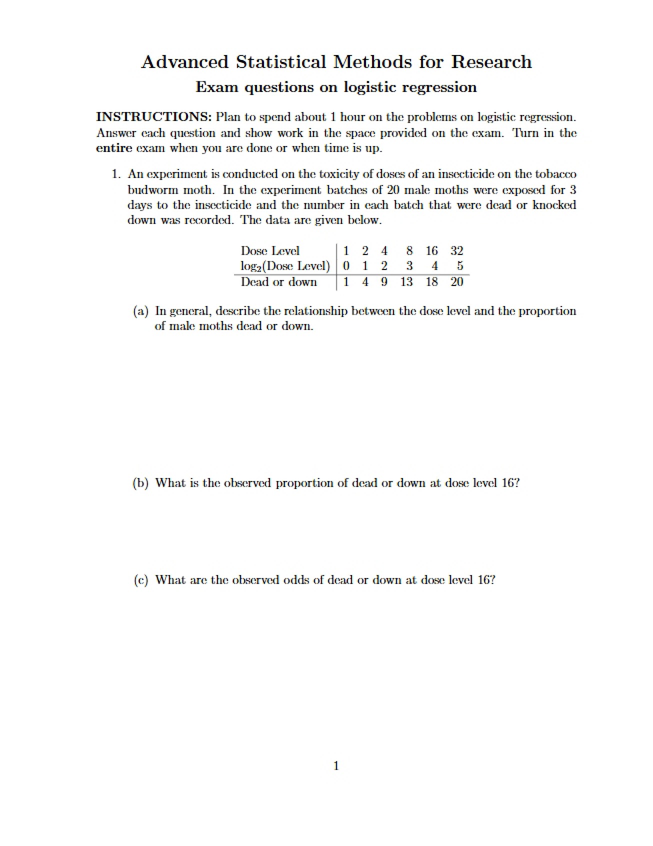 Examination for Advanced Statistical Methods for Research Workers