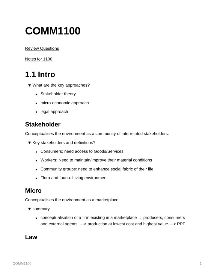 Notes - COMM1100 Business Decision Making