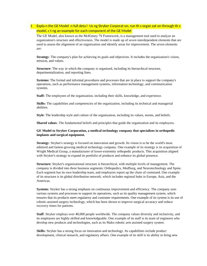 Stryker Corporation Case Study - GE Model Analysis