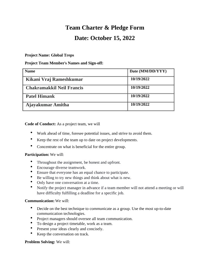 Pledge Form and Team Charter