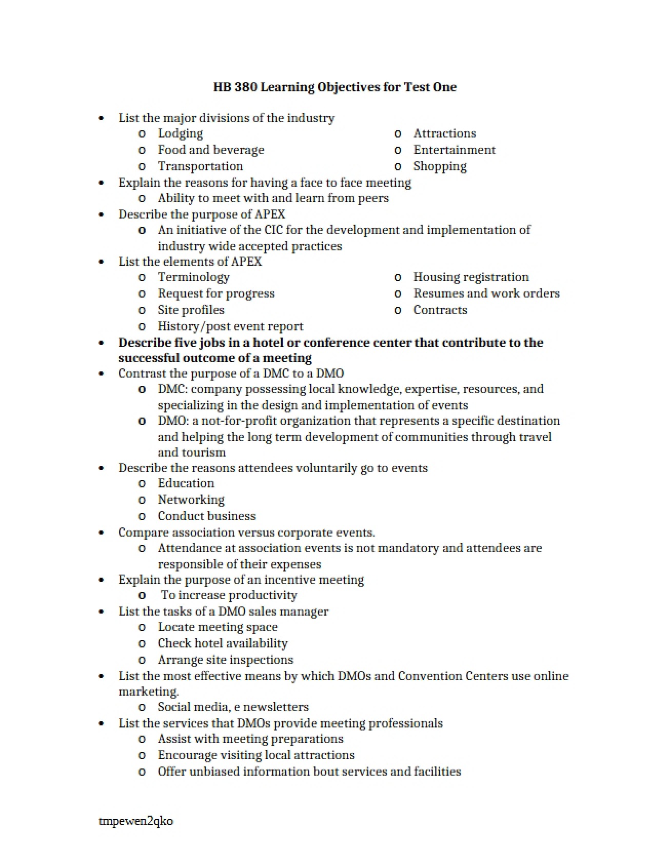 Test One Learning Objectives