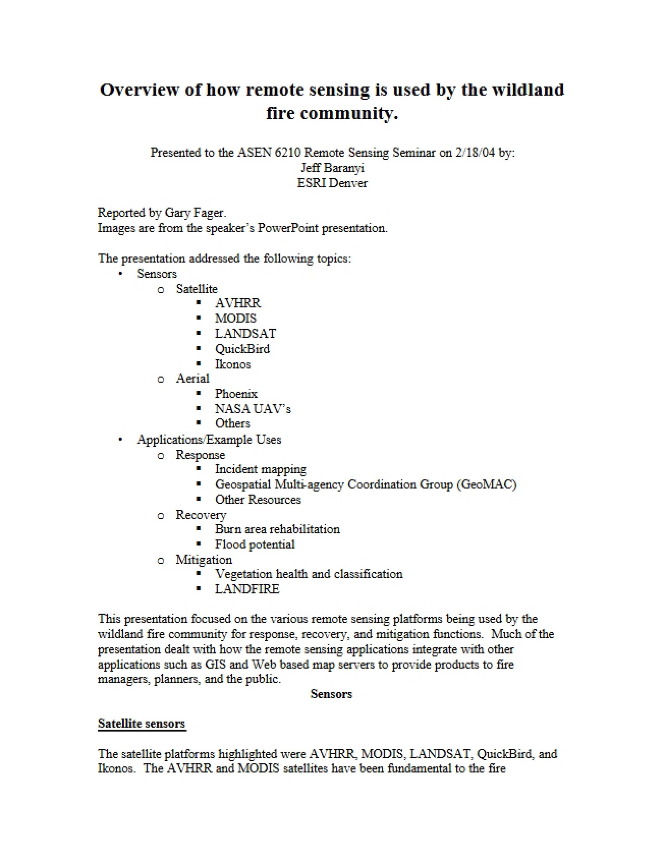 Overview of the Uses of Remote Sensing