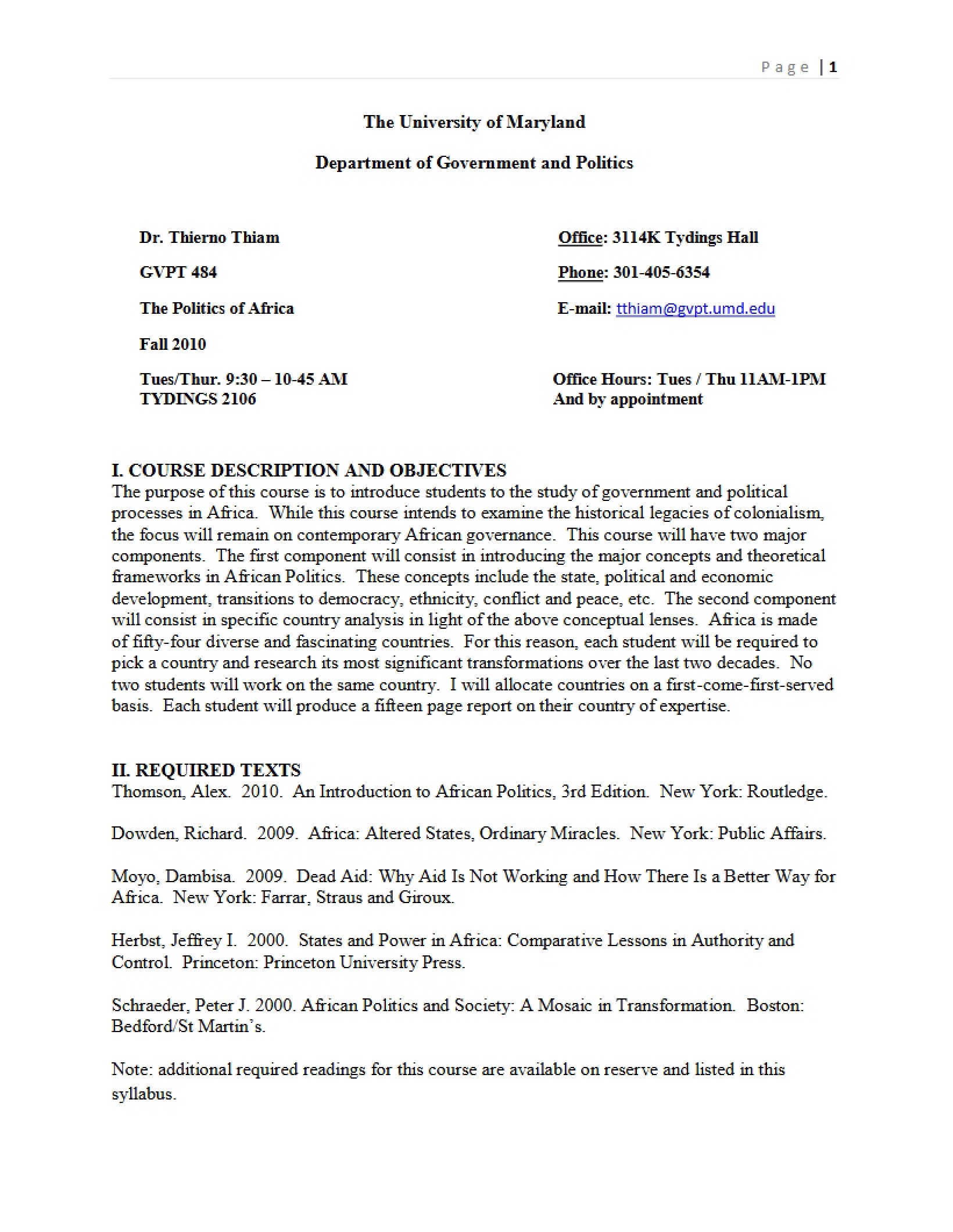 Course Outline Politics of Africa