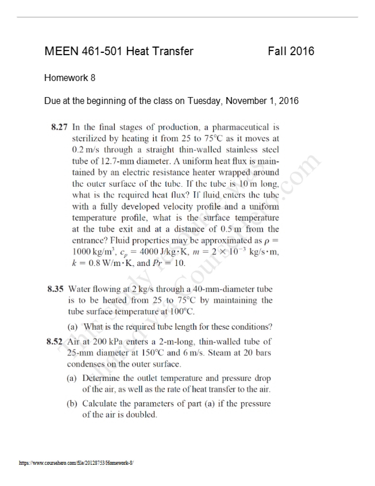 Heat Transfer Homework Eight