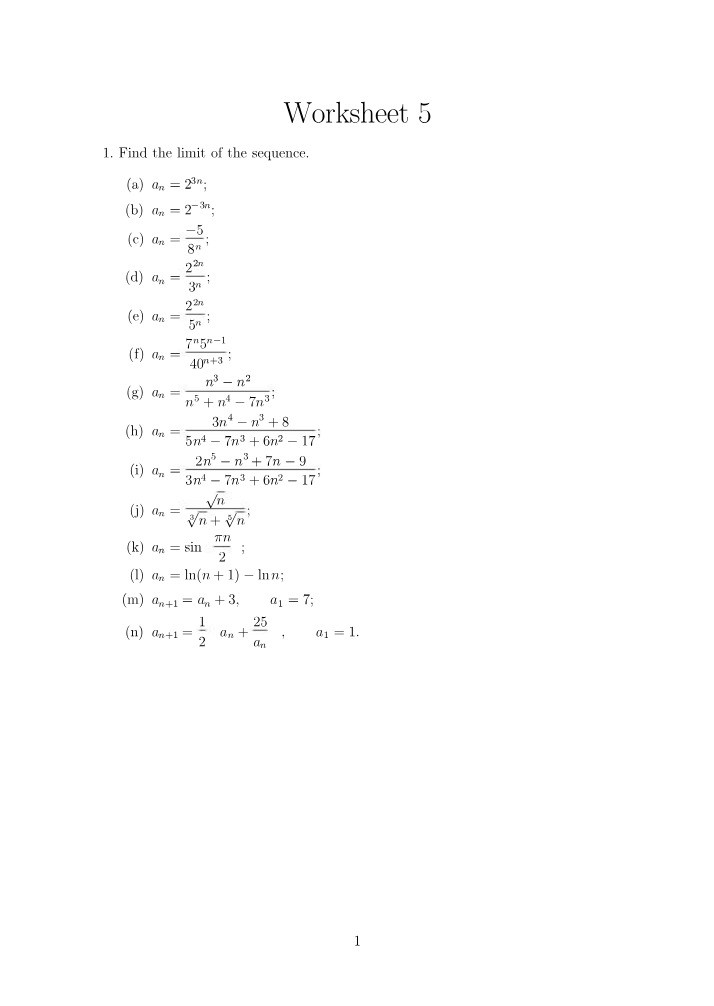 Worksheet 5 on Sequences and Limits