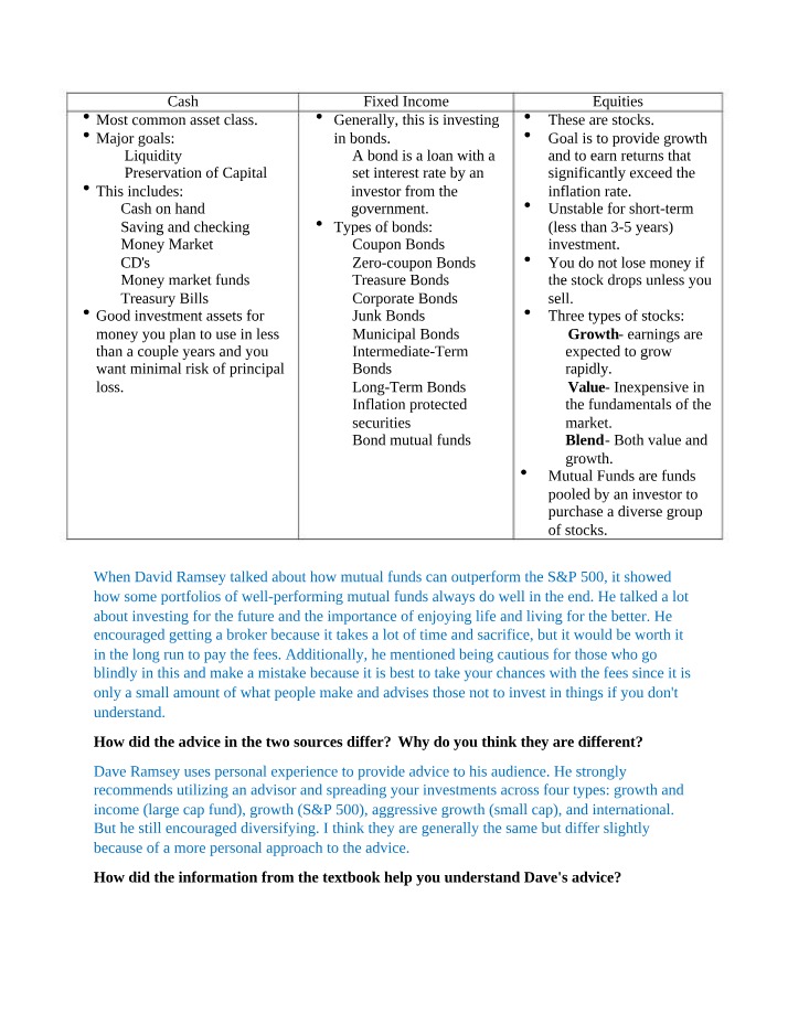 Investment Basics for Cash, Fixed Income, and Equities