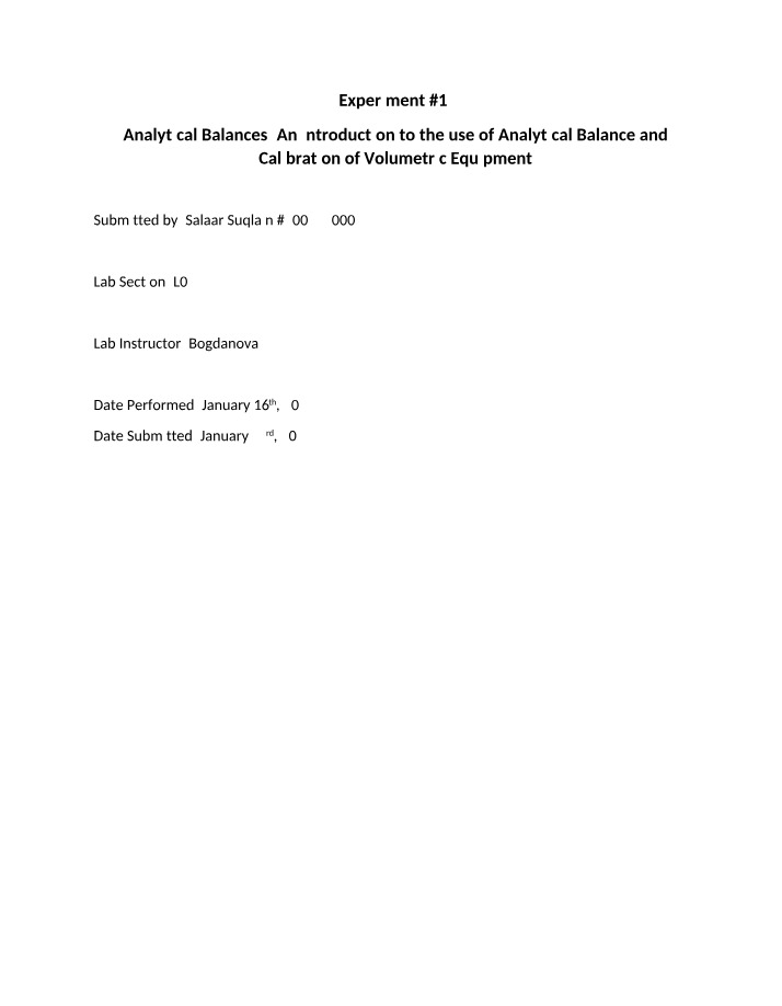 Calibration of Volumetric Equipment and Analytical Balances