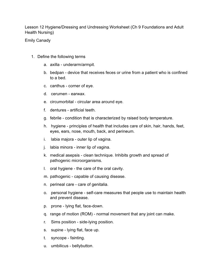 Hygiene Worksheet for Dressing and Undressing