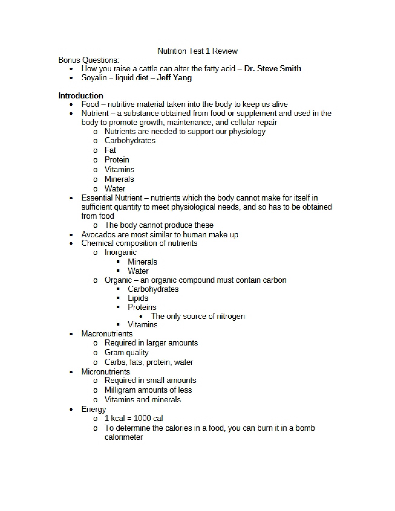 Review for Nutrition Test One