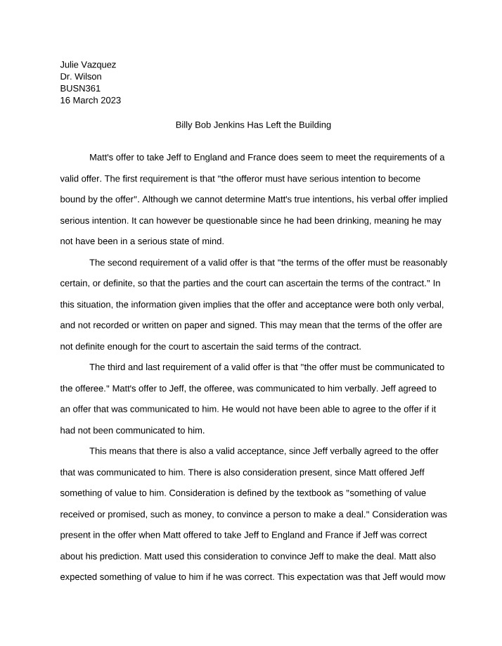 Valid Offer and Acceptance - Verbal Contract Analysis