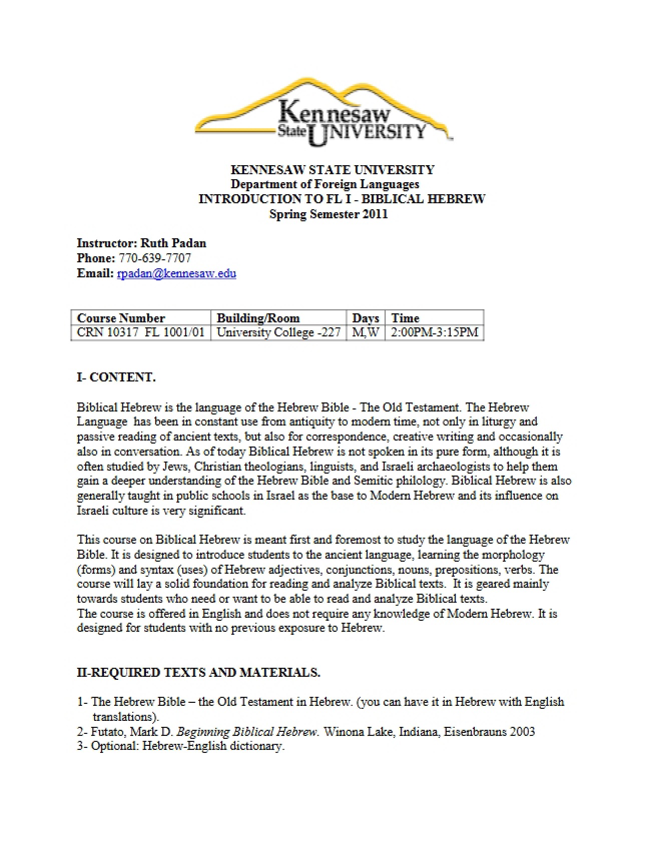 Biblical Hebrew Introductory Syllabus
