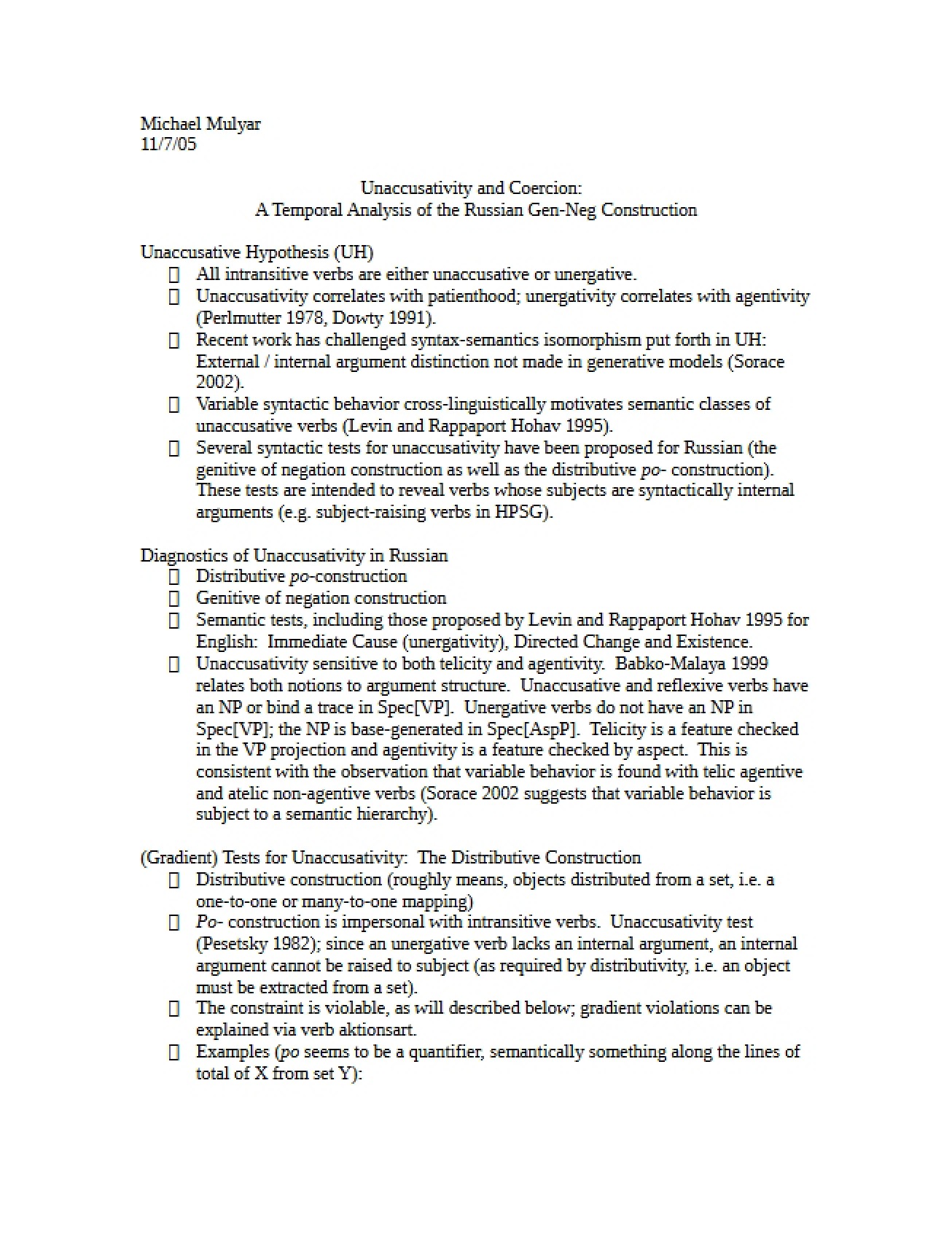 Unaccusativity and Coercion