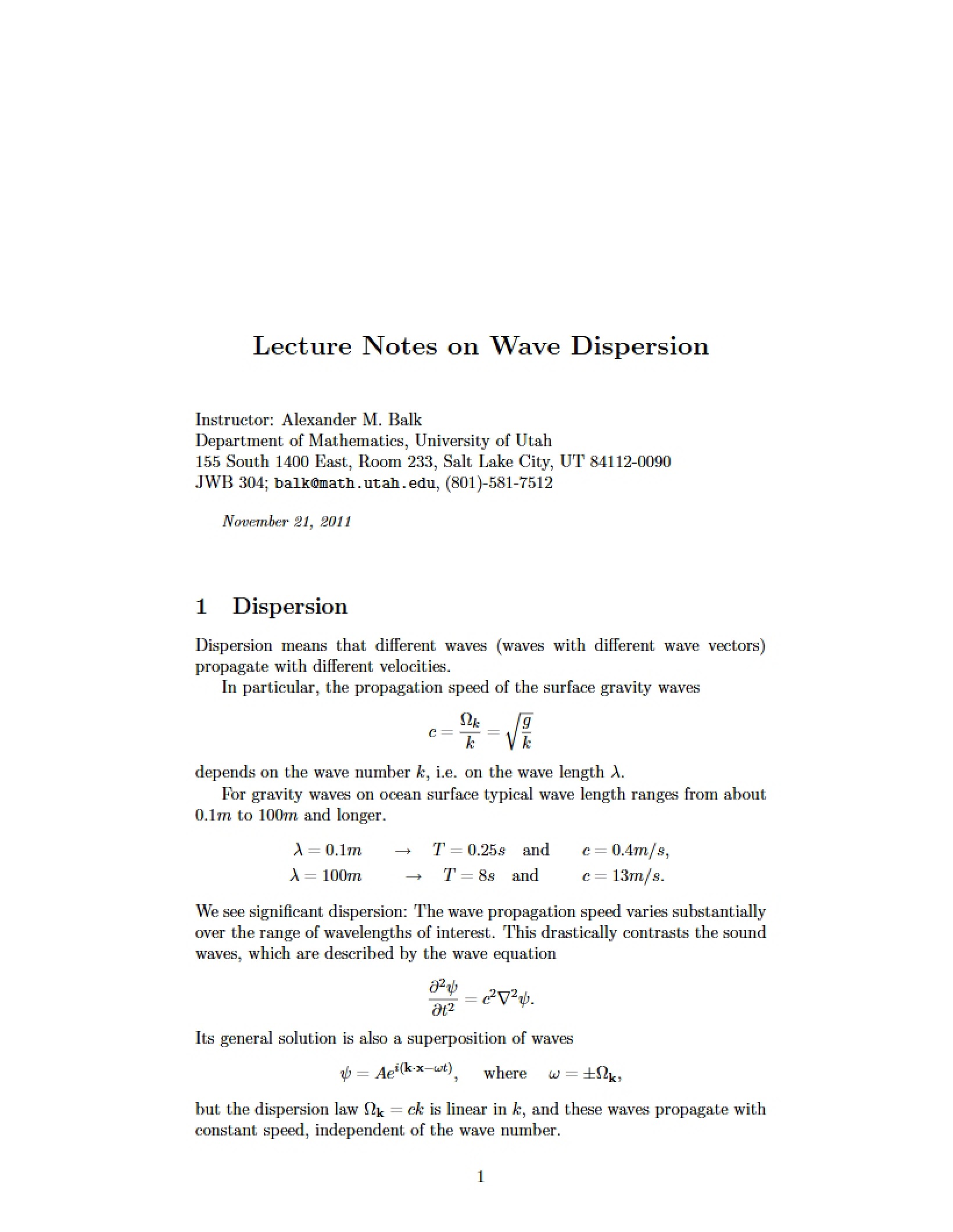 Wave Dispersion Lecture Notes
