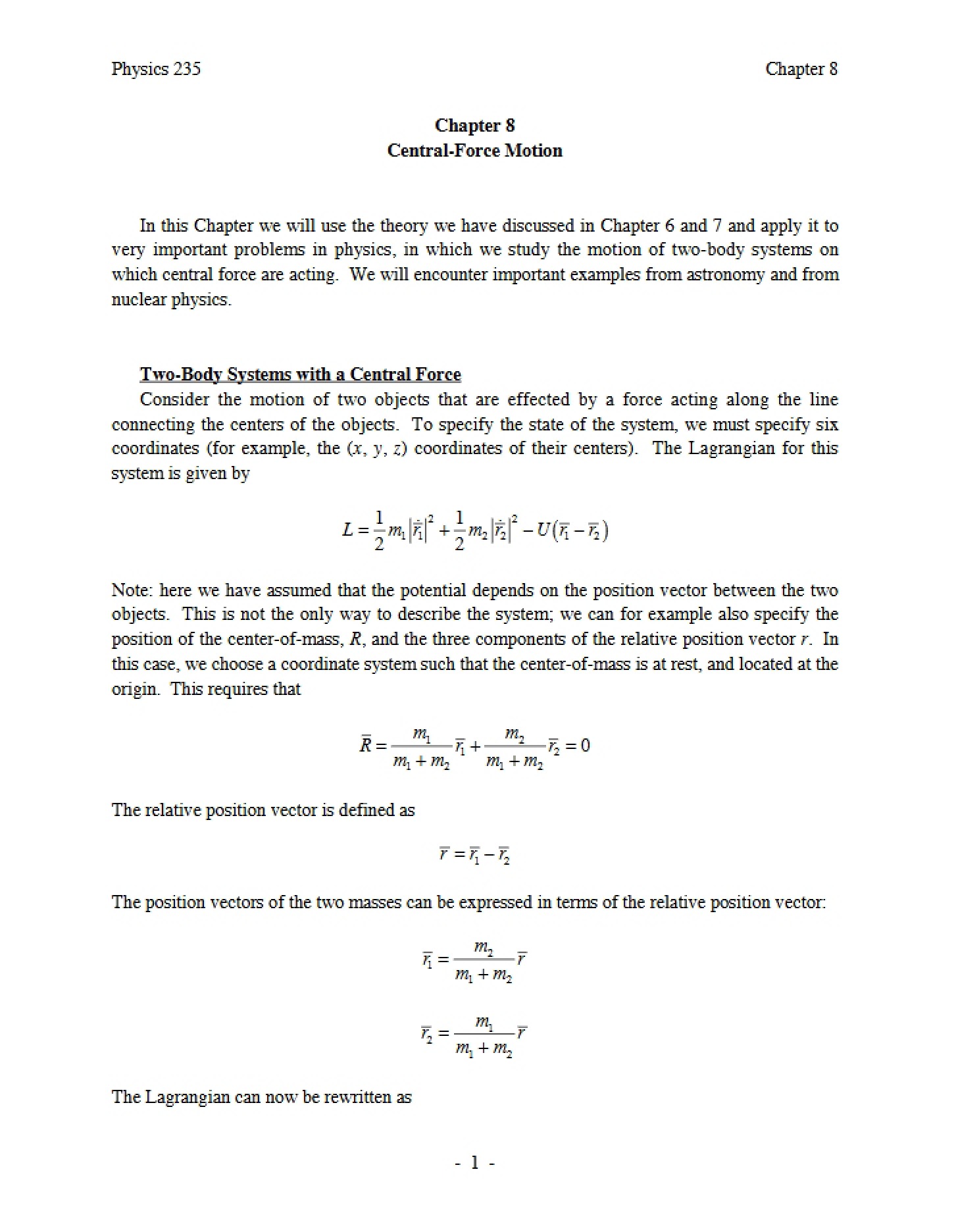 Central-Force Motion Chapter 8 Study Notes