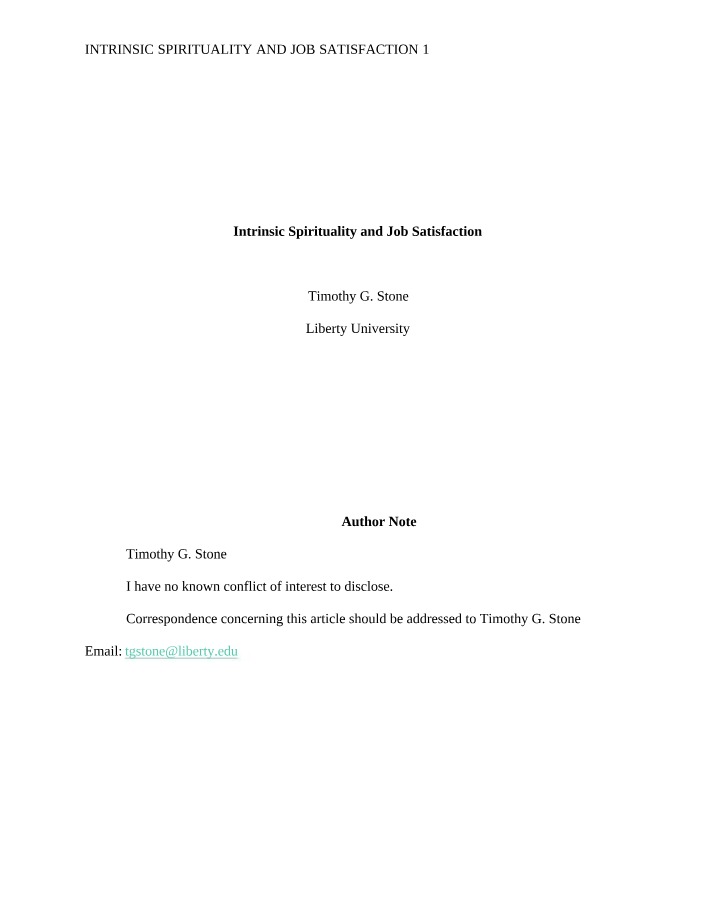Intrinsic Spirituality and Job Correlation