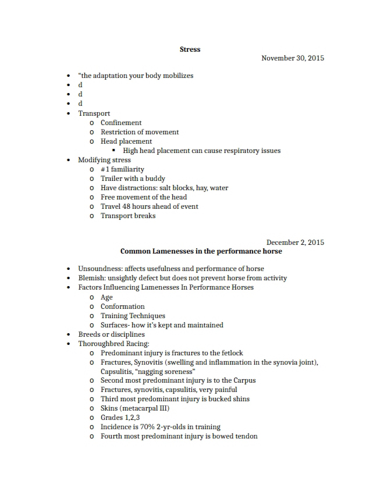 Set of Final Notes for Equine Exercise Physiology