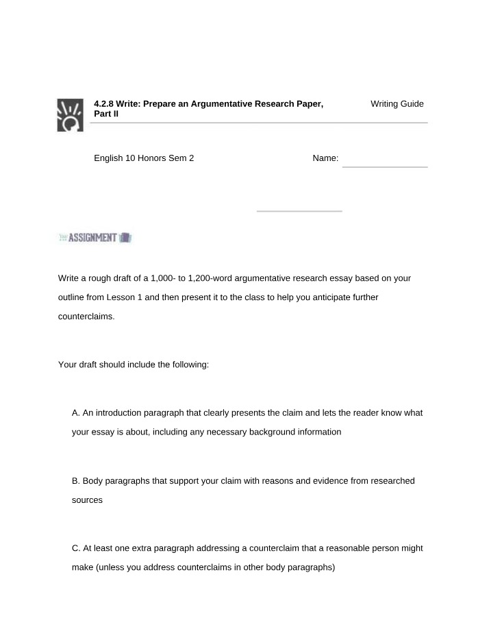 Argumentative Research Paper Part II - Writing Guide