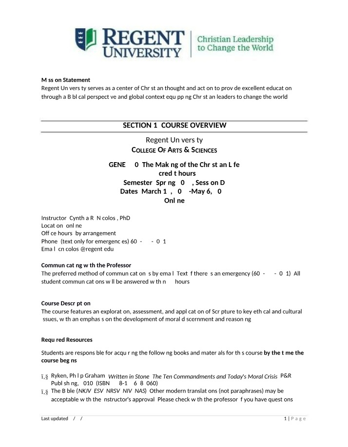 GENE 250 Syllabus - The Making of the Christian Life