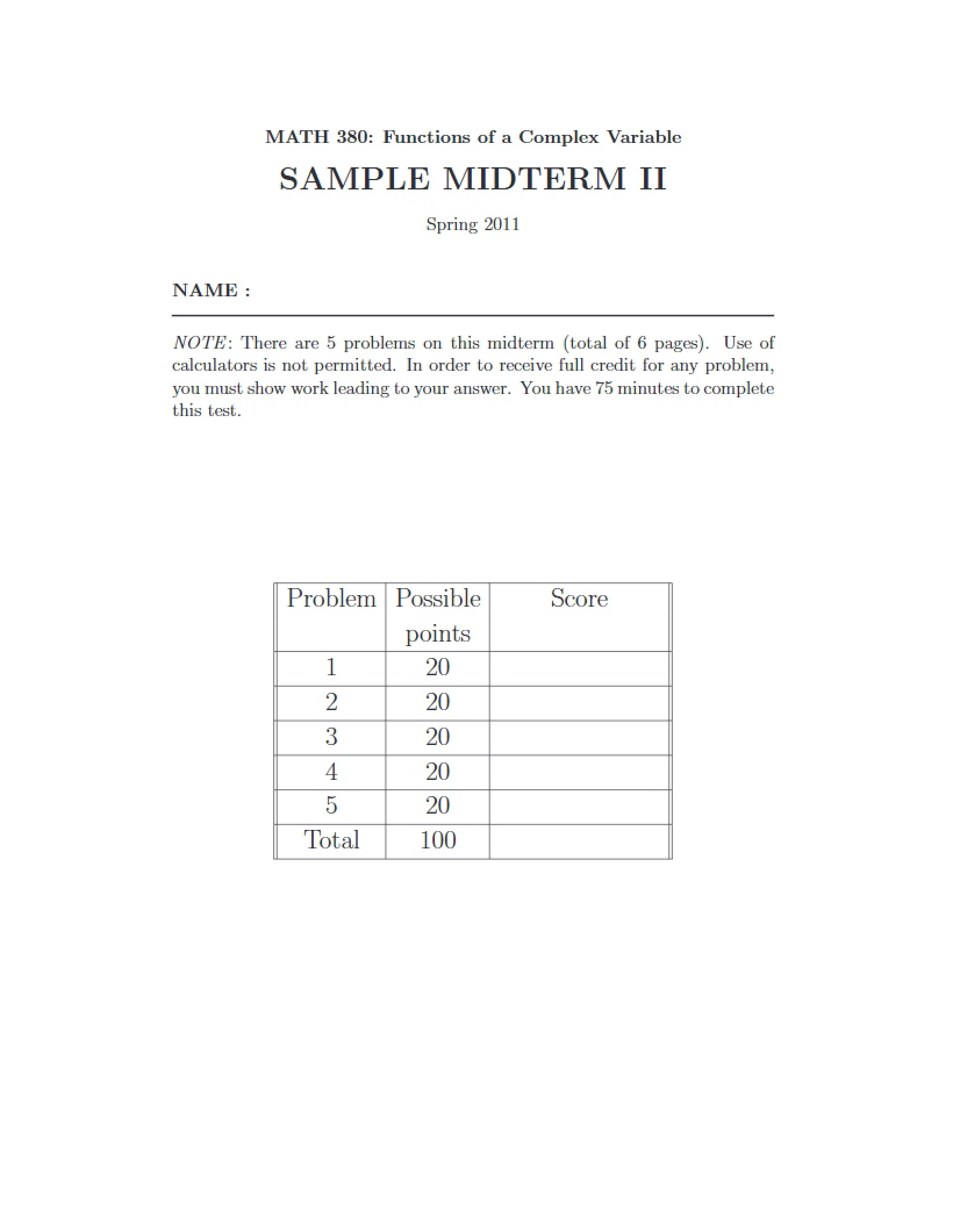 Complex Variable Functions Sample Midterm 2