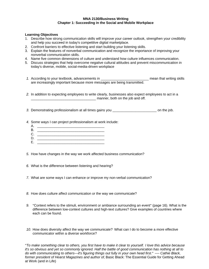 Succeeding in the Social and Digital Workplace - MNA 2130 Chapter 1