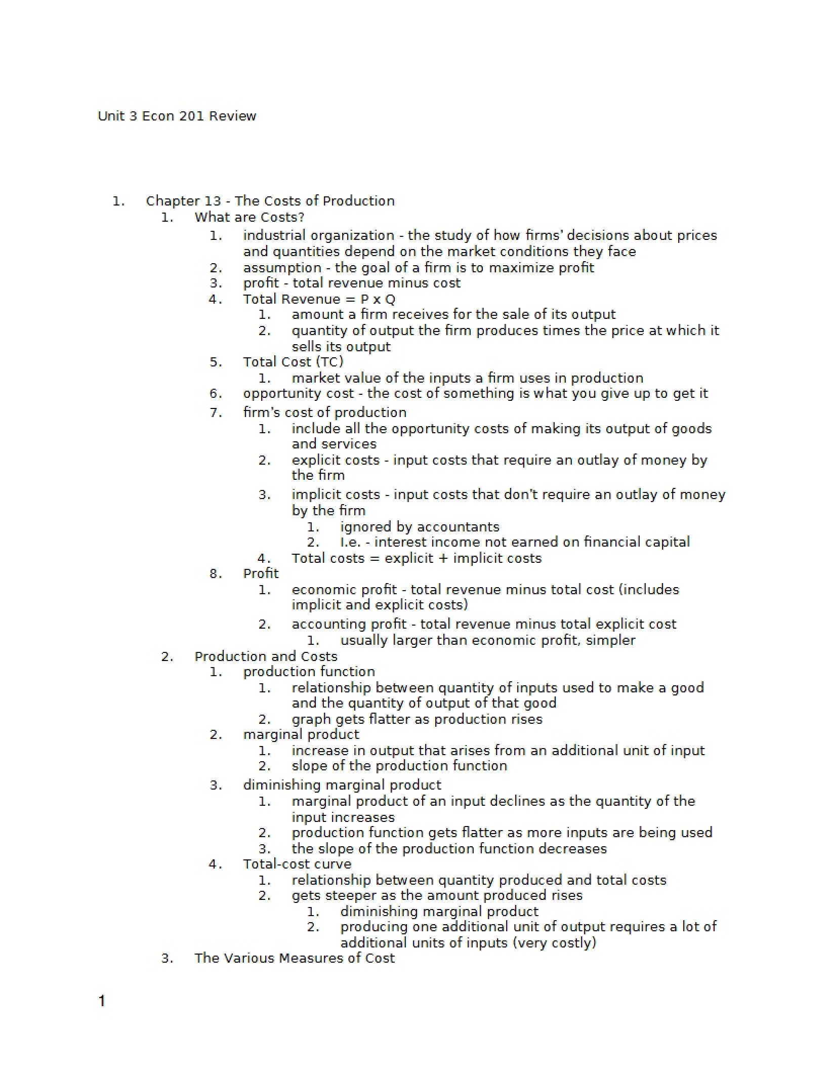 Review for Econ 201 Unit 3