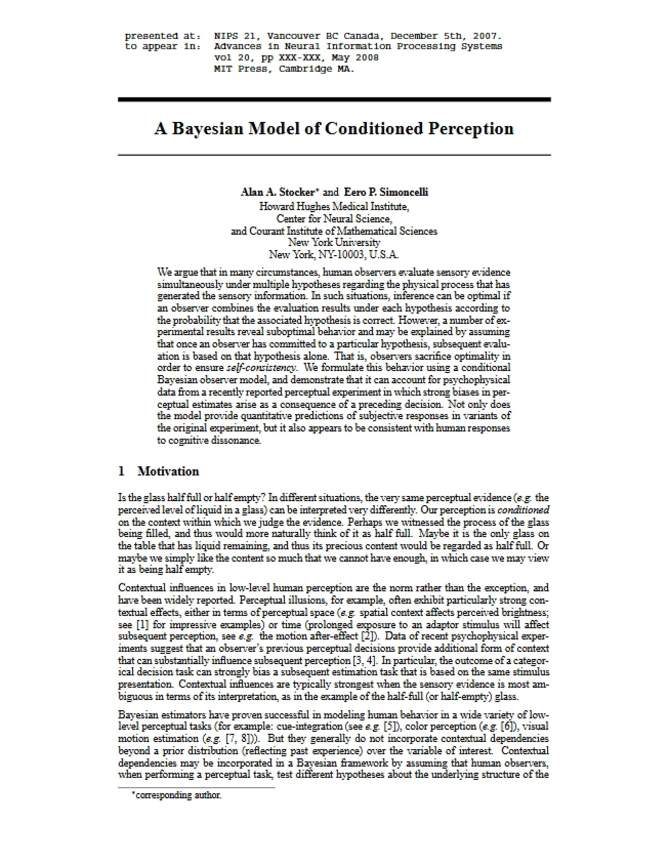 Conditioned Perception Bayesian Model