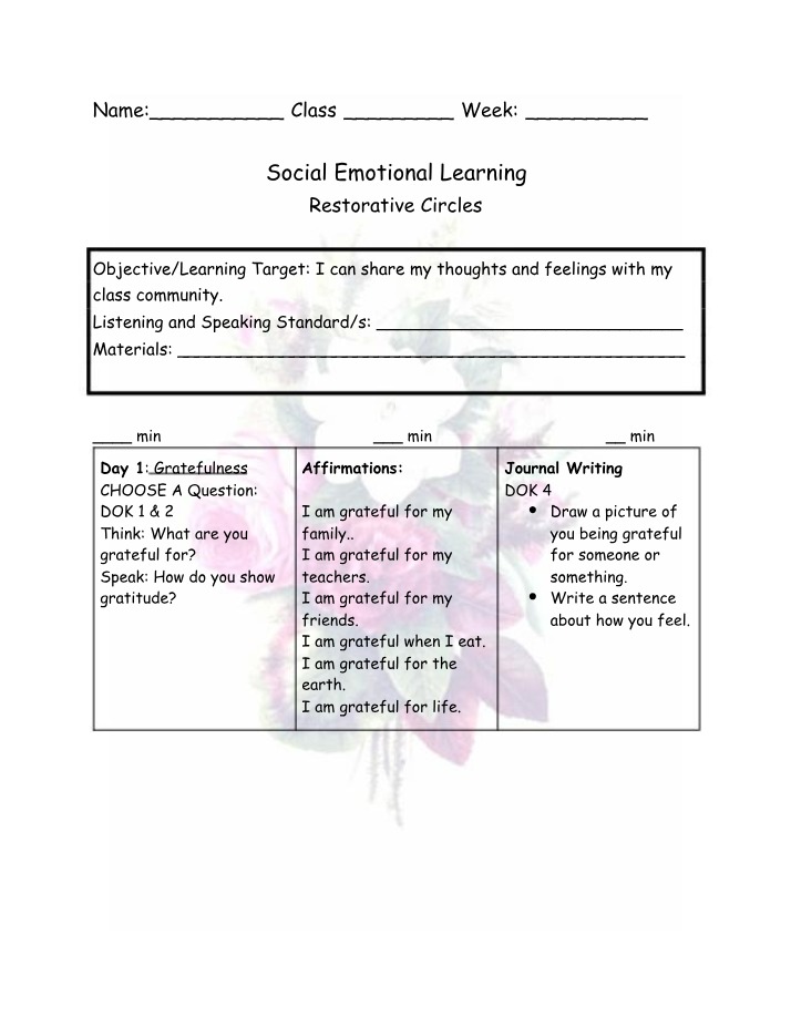 Social Emotional Learning Weekly Lesson Plan