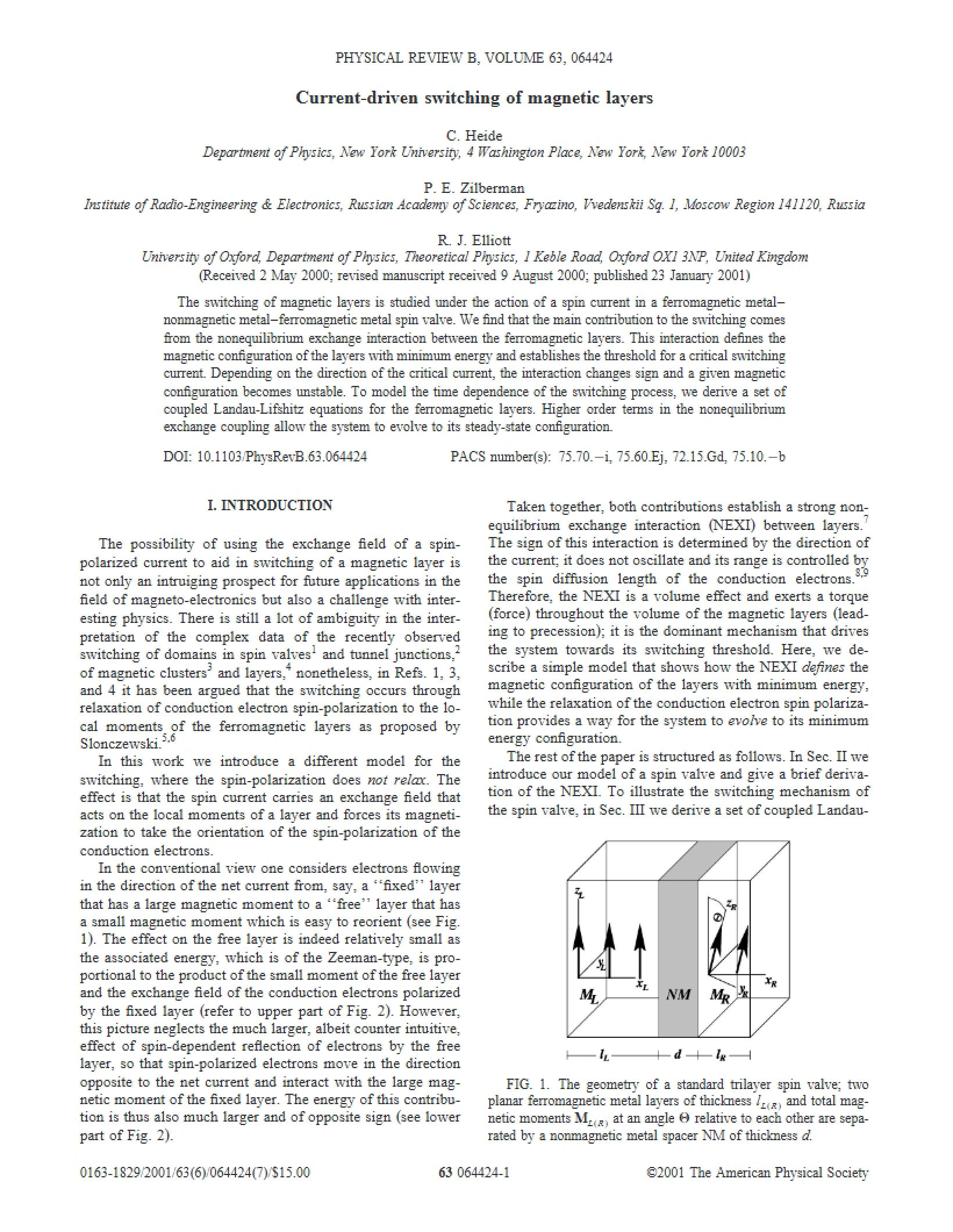 Magnetic Layer Switching Driven by Current