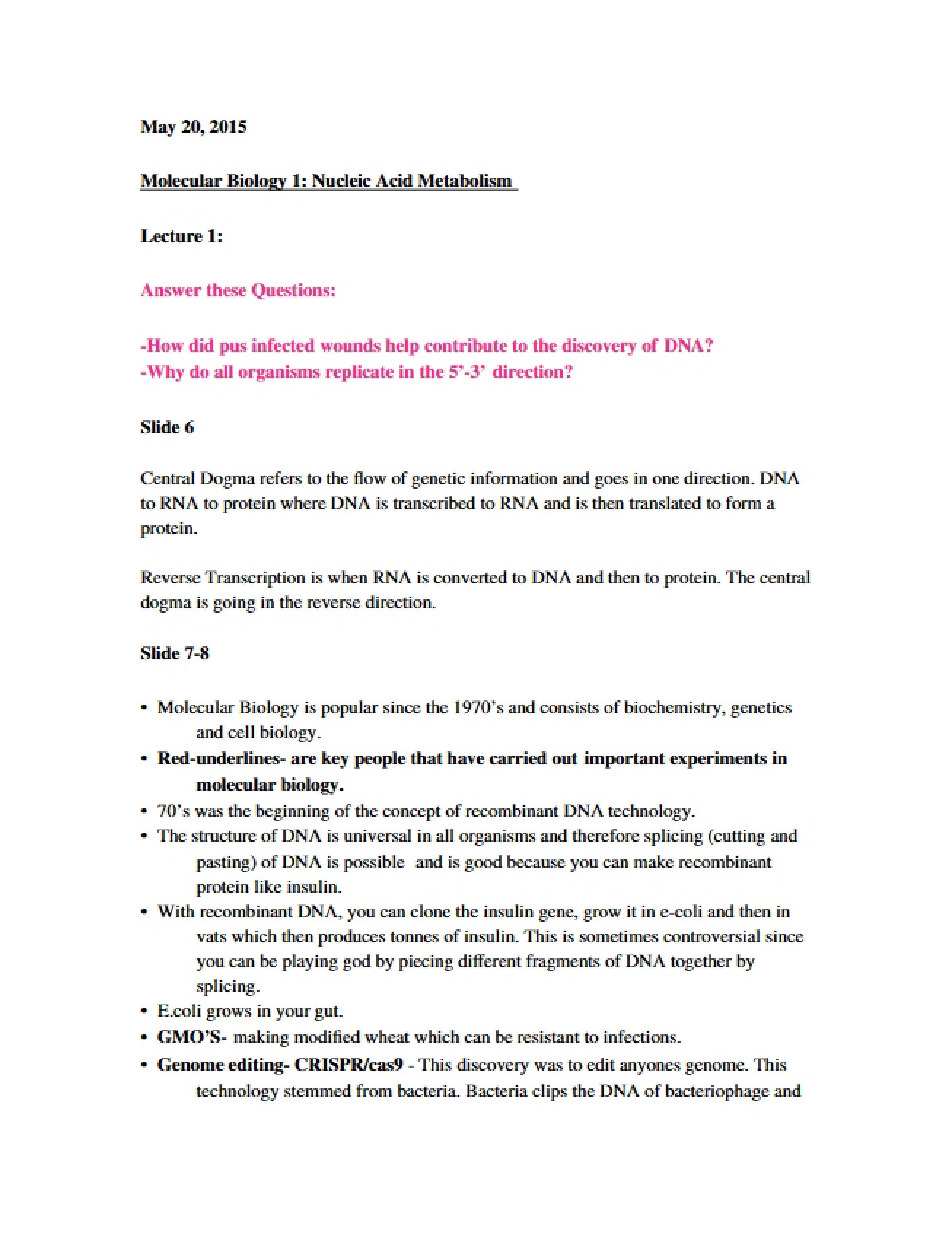Nucleic Acid Metabolism Lecture One