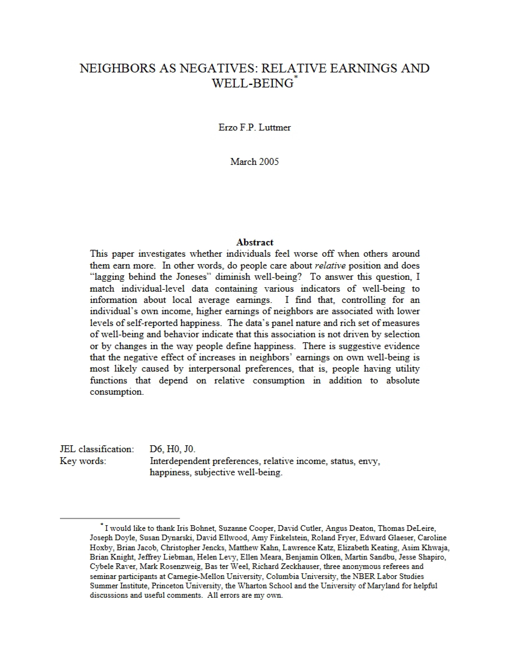 Well-Being and Relative Earnings Neighbors as Negatives