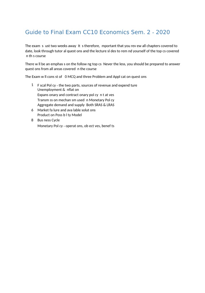 Final Exam Guide - Economics Sem 2 2020