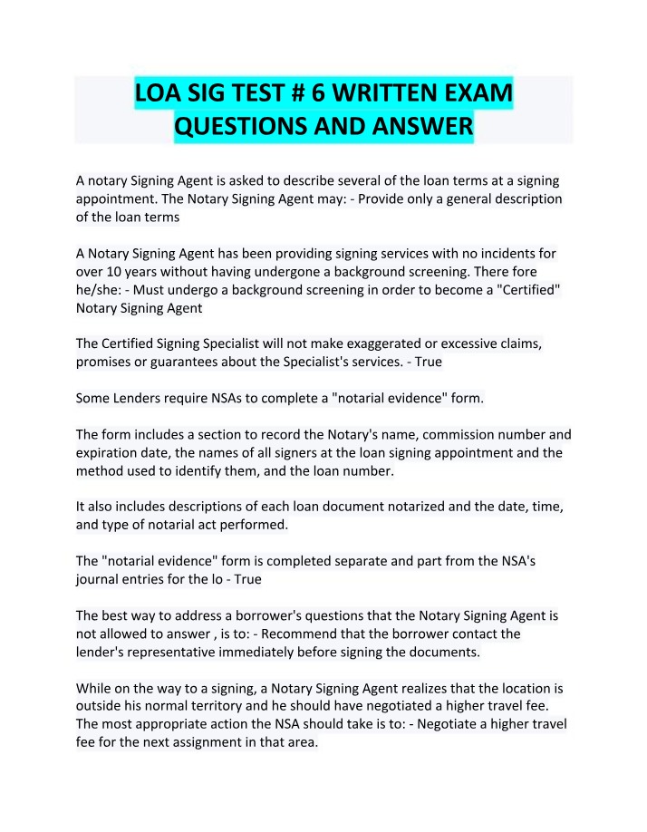 LOA SIG Test 6 - Written Exam Questions and Answers