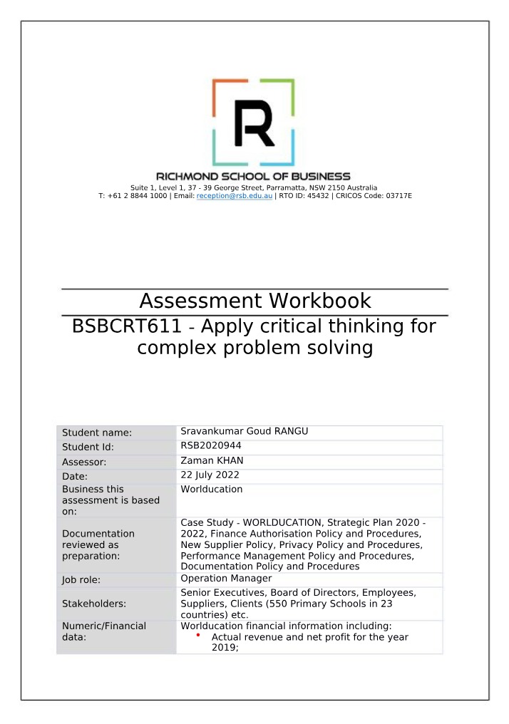 Workbook for BSBCRT611 Assessment