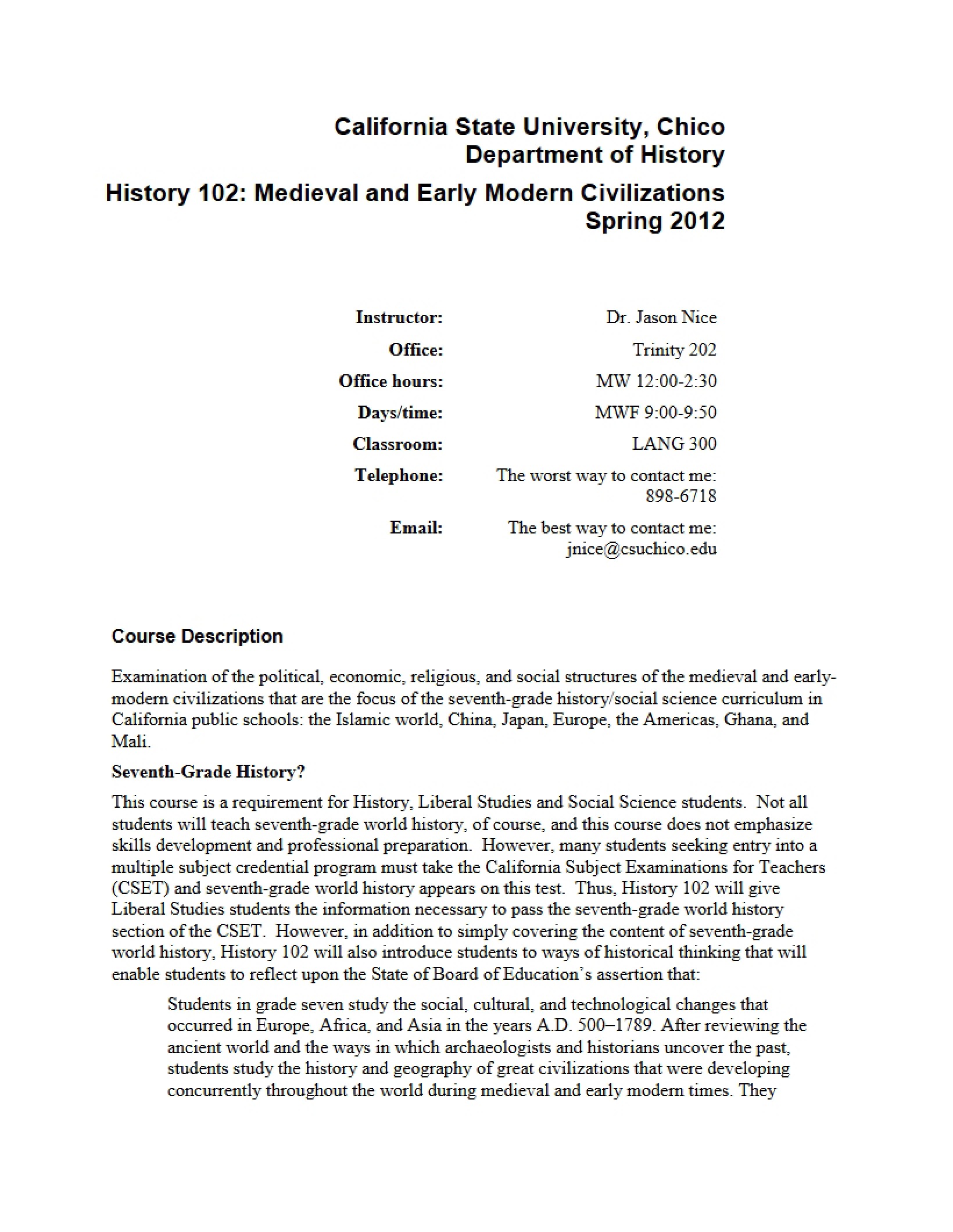 Early Modern and Medieval Syllabus