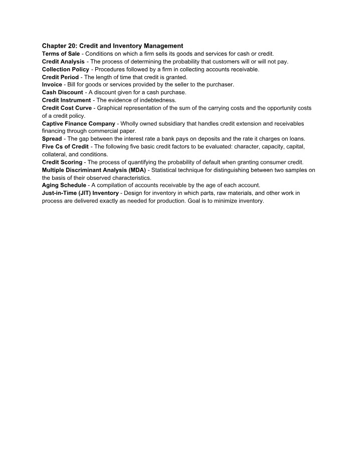 Credit and Inventory Management - Chapter 20