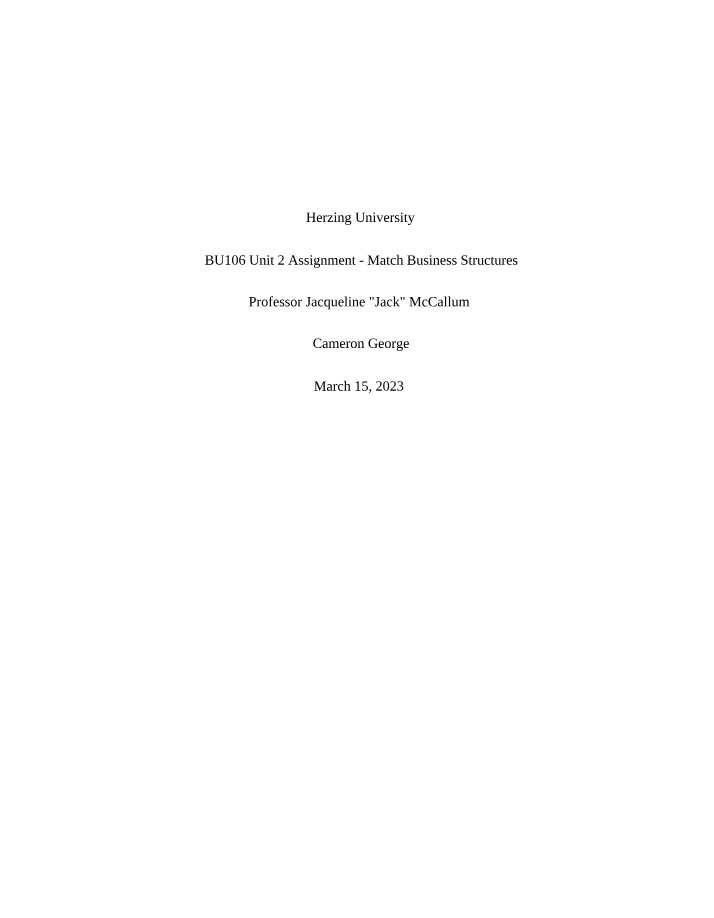 BU106 Unit 2 Match Business Structures Assignment