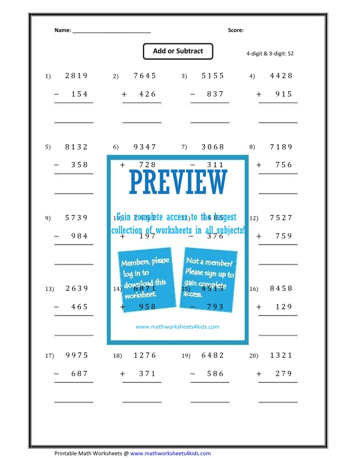 3 and 4-Digit Addition and Subtraction Worksheet