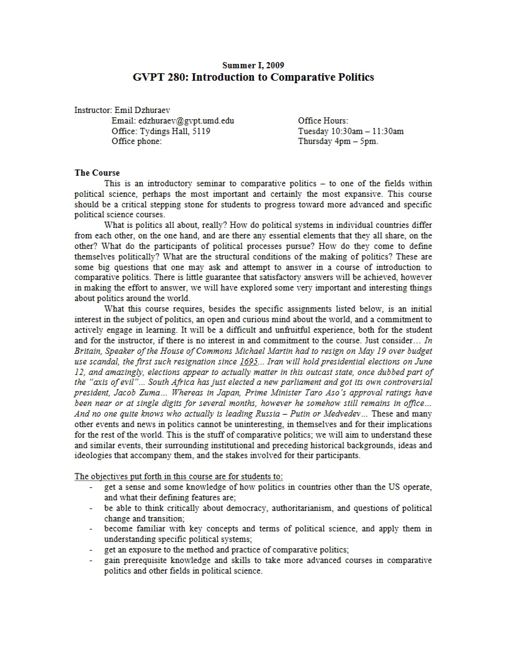 GVPT 280 Academic Plan
