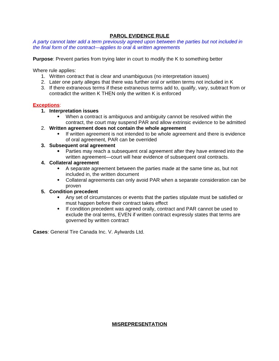Contract Law - Parol Evidence Rule and Misrepresentation