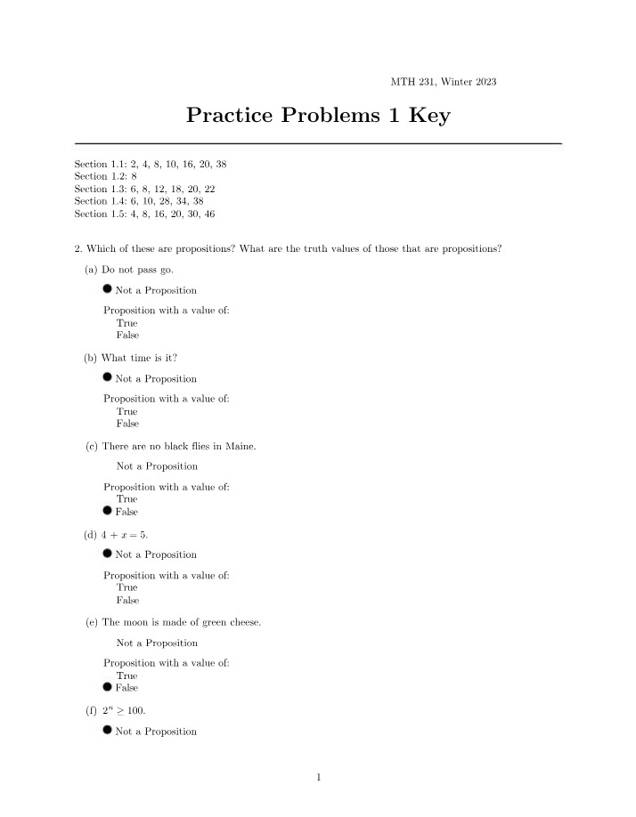 MTH 231 Winter 2023 Practice Problems and Solutions