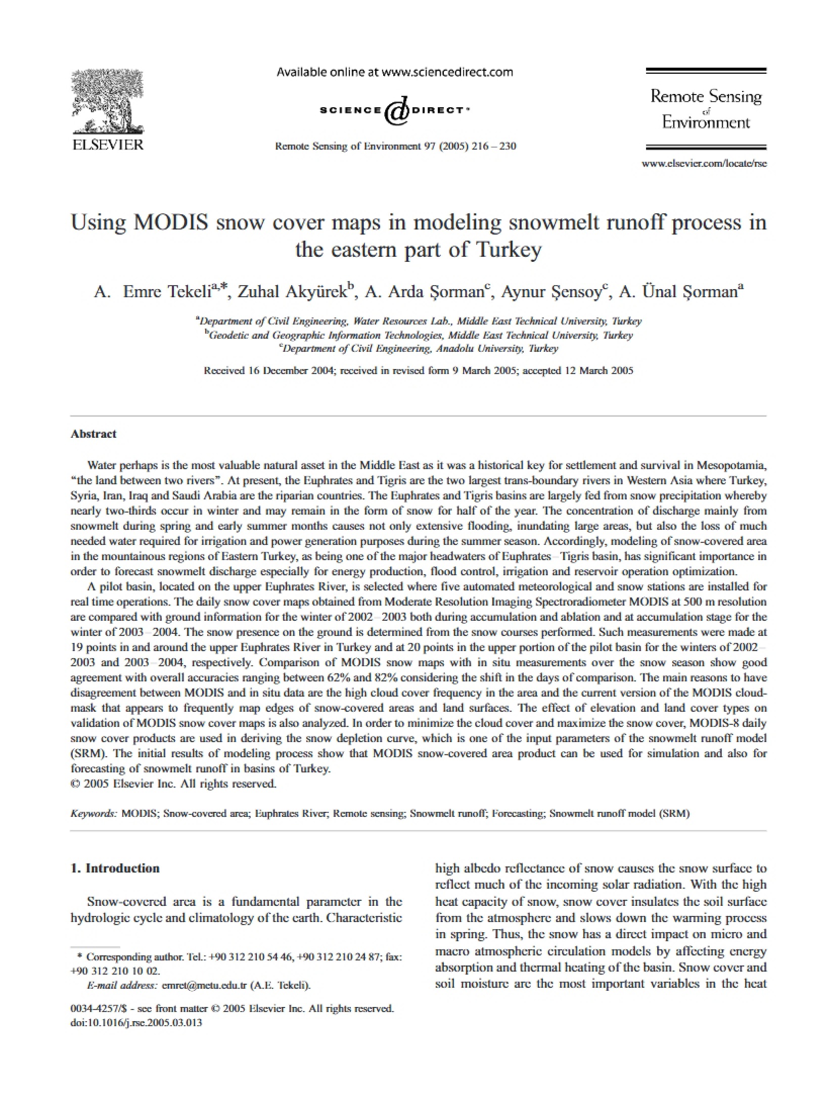 Modeling Snowmelt Runoff in Eastern Turkey with Modis Snow Cover Maps