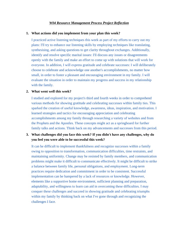 Project Reflection - Resource Management Process